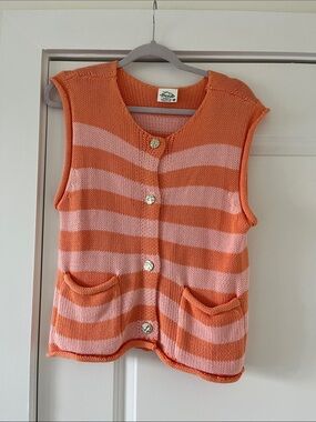 Knit Striped Button Front Tank Top - Orange/Pink